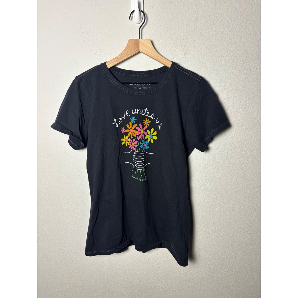 Life is Good Womens Crusher Tee Black Love Unites Us Floral Graphic T-Shirt M